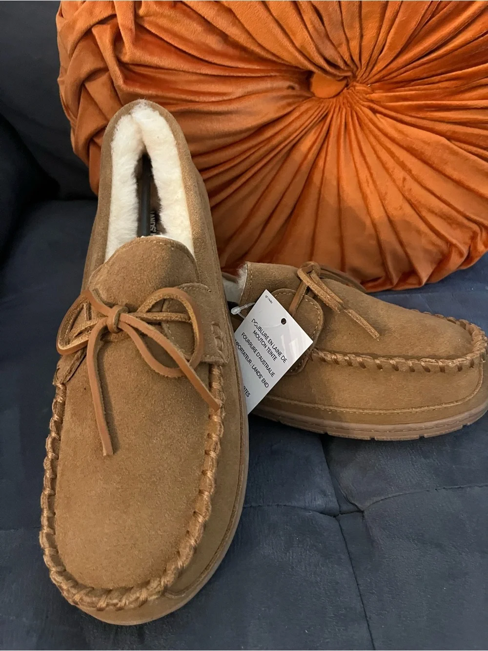 Lands' End Chestnut Brown Suede Shearling-Lined Moccasin Slippers